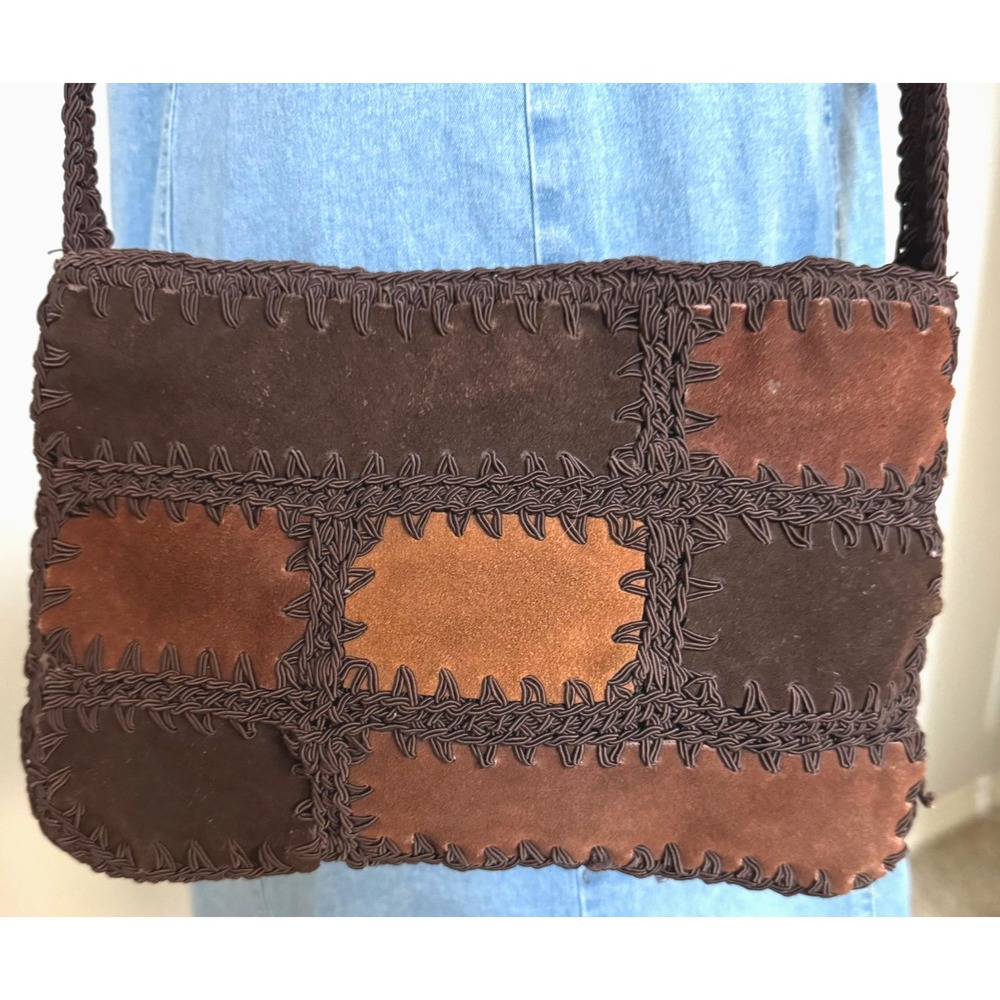 Vtg Nine West Crossbody Bown Suede Patchwork Purse Crocheted Boho Hippie Retro